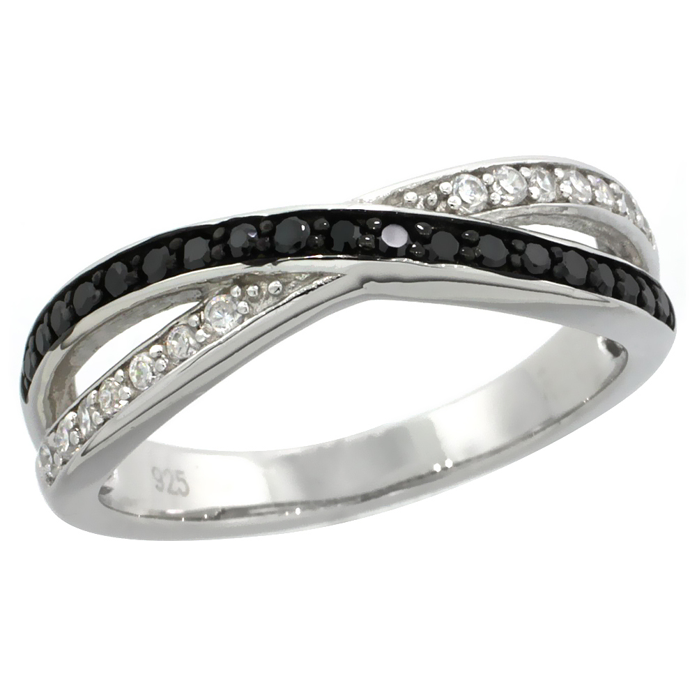 Sterling Silver Double Wire Crisscross Ring w/ Brilliant Cut Clear &amp; Black CZ Stones, 7/32 in. (5.5 mm) wide