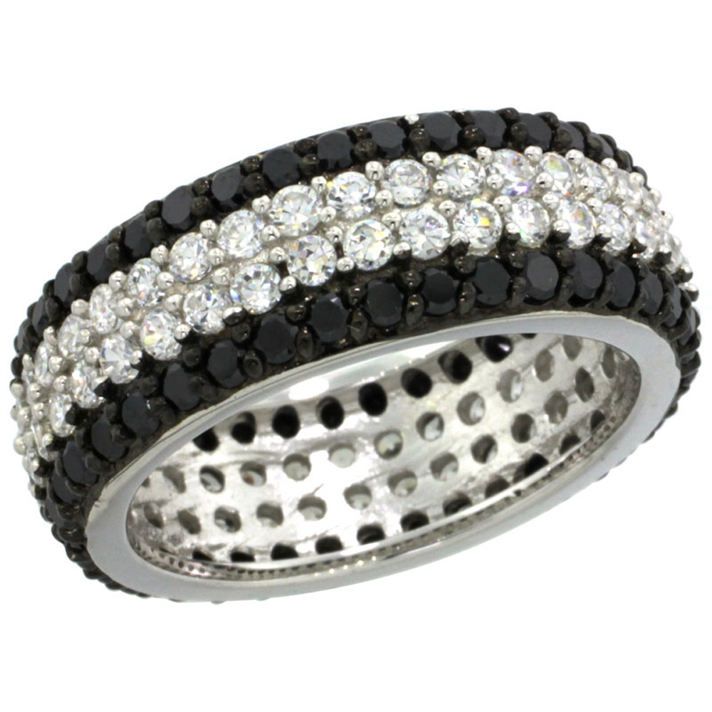 Sterling Silver 4-Row Eternity Ring Band w/ Brilliant Cut Clear & Black CZ Stones, 5/16 in. (8 mm) wide