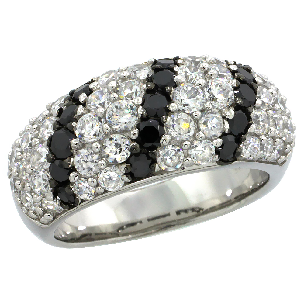 Sterling Silver Striped Dome Ring w/ Brilliant Cut Clear & Black CZ Stones, 3/8 in. (10 mm) wide
