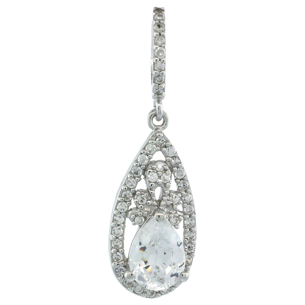 STERLING SILVER CUBIC ZIRCONIA JEWELED TEARDROP FLORAL PENDANT FOR WOMEN 13/16 INCH
