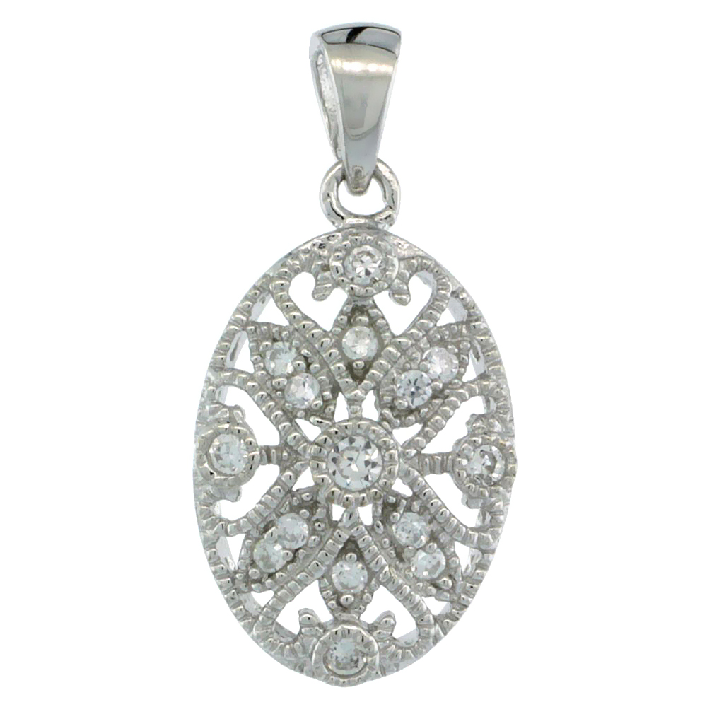 STERLING SILVER CUBIC ZIRCONIA JEWELED PEAR-SHAPED FLORAL PENDANT FOR WOMEN 3/4 INCH