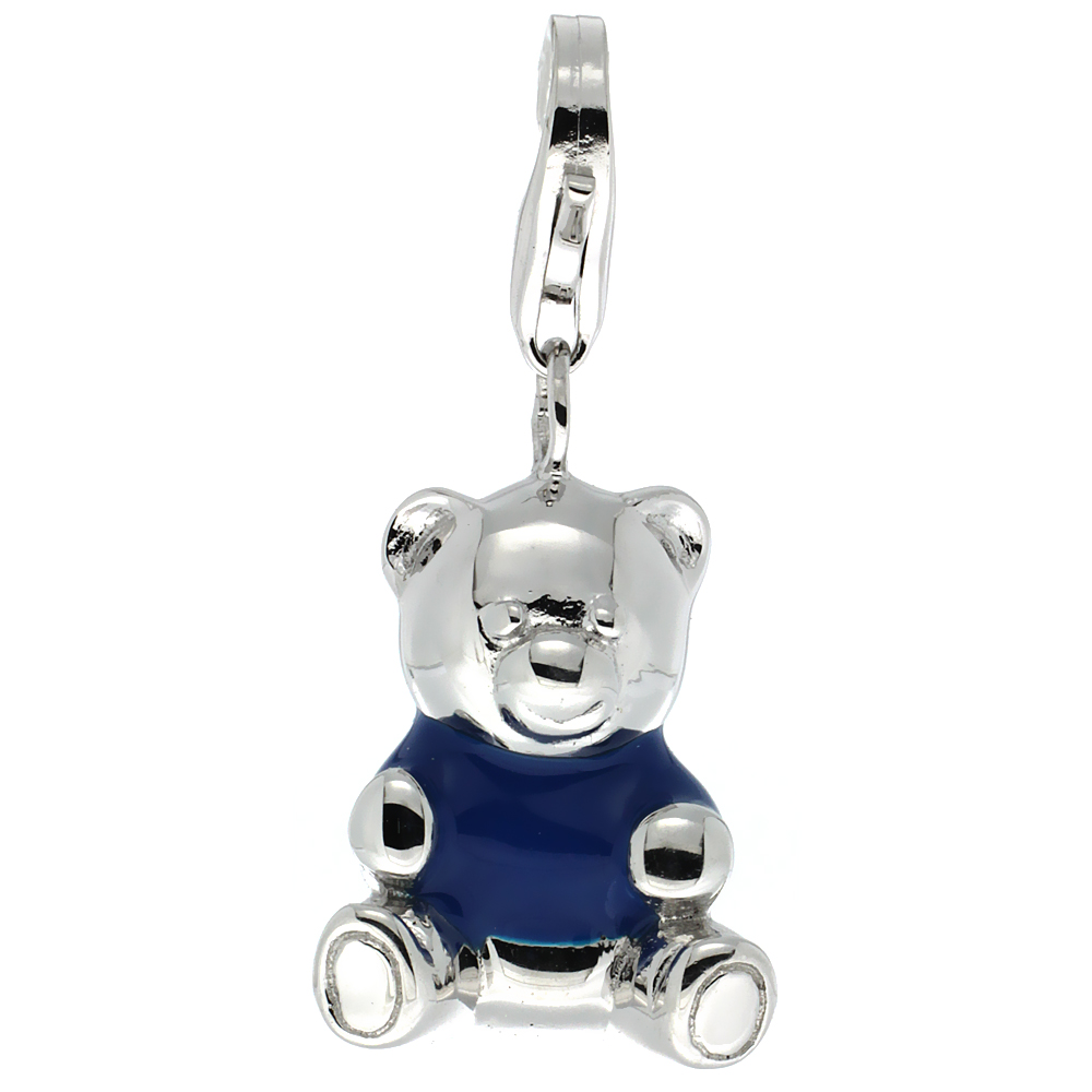 Sterling Silver Enamel Blue Teddy Bear Charm with Lobster Clasp for Bracelets Women 13/16 inch