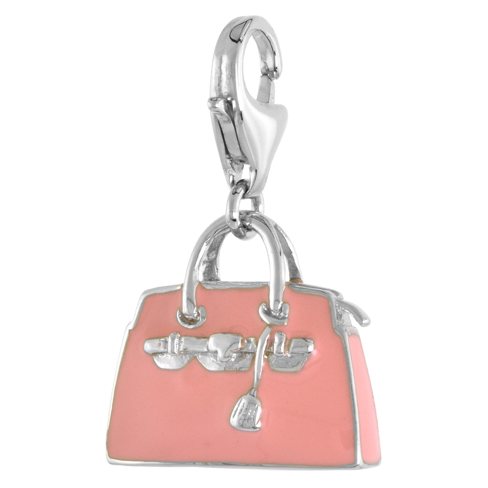 Sterling Silver Enamel Pink Hand Bag Purse Charm with Lobster Clasp for Bracelets Women 9/16 inch