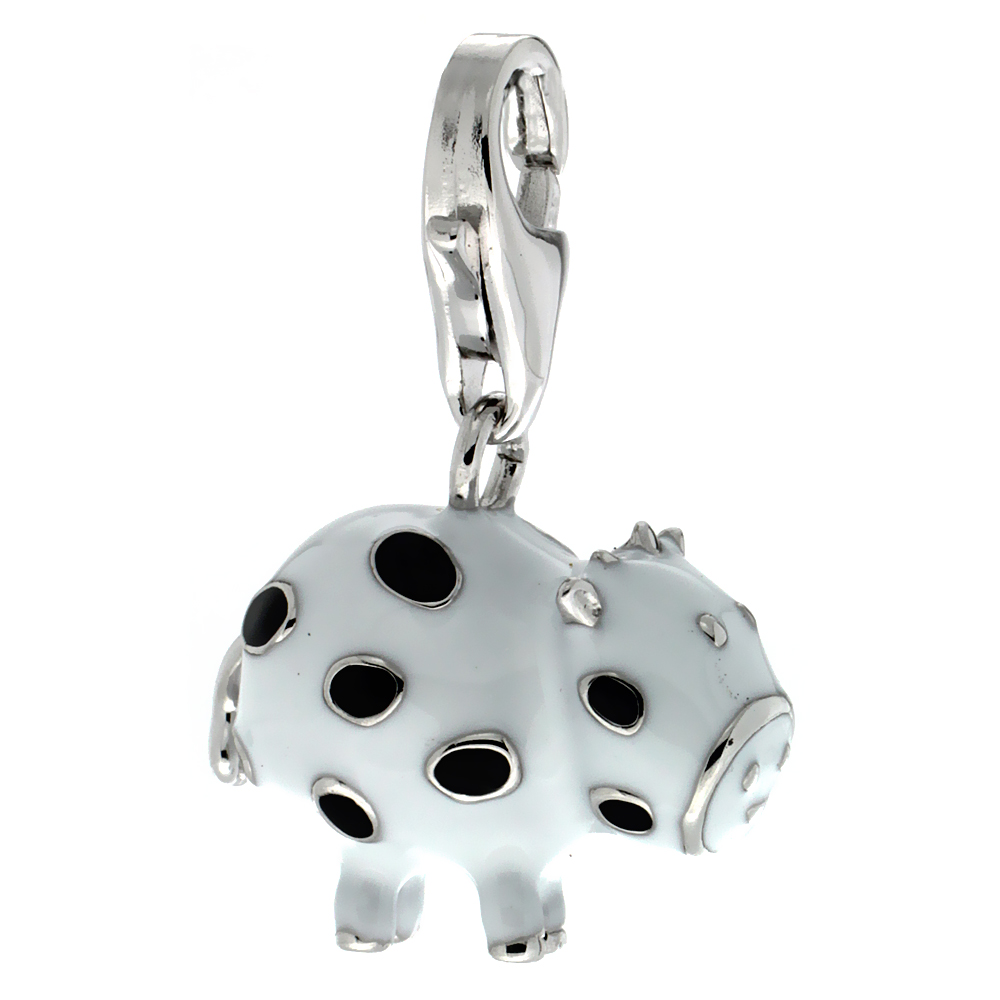 Sterling Silver Enamel Black & White Polka Dot Cow Charm with Lobster Clasp for Bracelets Women 9/16 inch