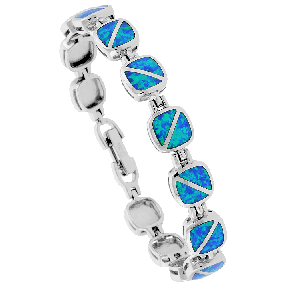 STERLING SILVER SYNTHETIC OPAL BRACELET SQUARE LINKS ROUNDED EDGES HAND INLAY 7 1/4 INCH