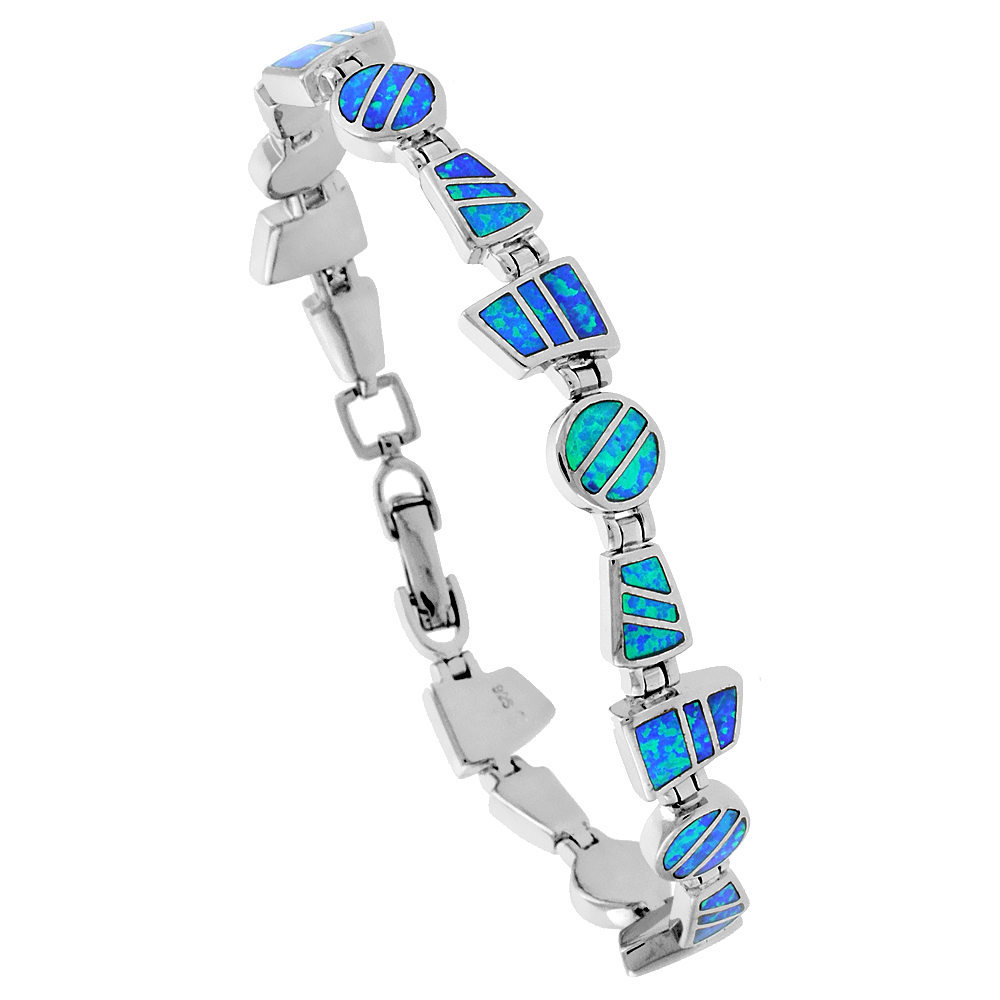 STERLING SILVER SYNTHETIC OPAL BRACELET ROUND & TRAPEZOID LINKS HAND INLAY 7 1/4 INCH