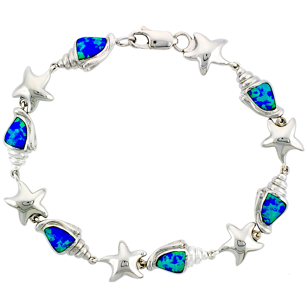 STERLING SILVER SYNTHETIC OPAL CONCH & STARFISH BRACELET 3/8 INCH (10 MM) WIDE