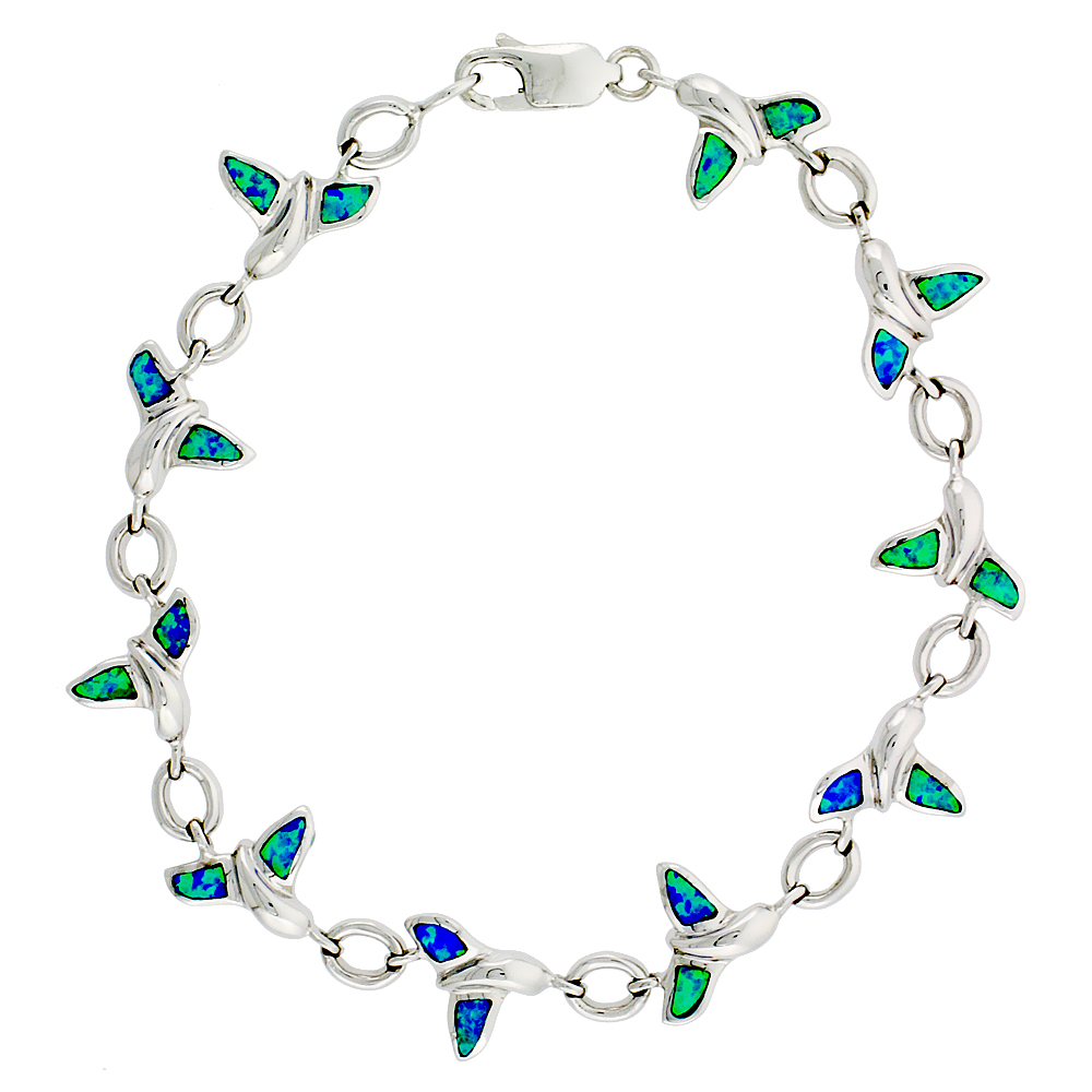 STERLING SILVER SYNTHETIC OPAL WHALE TAIL BRACELET WITH 3/8 INCH (10 MM) WIDE HAND INLAY 7 1/4 INCH LONG