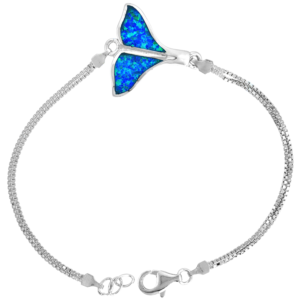STERLING SILVER SYNTHETIC OPAL WHALE TAIL BRACELET WOMEN LOBSTER LOCK, 7 1/4 INCH LONG