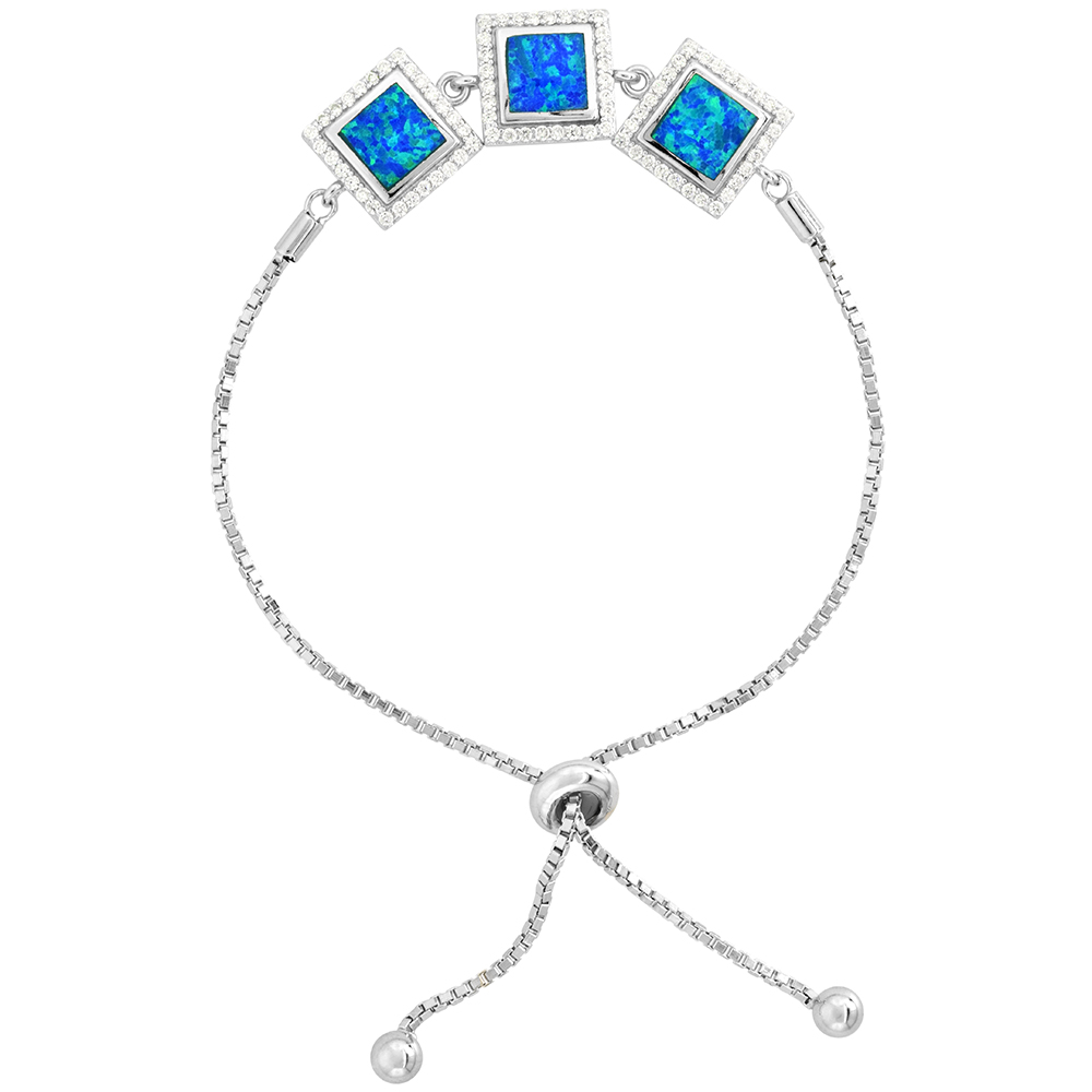 STERLING SILVER SYNTHETIC OPAL 3-SQUARE LINKS BOLO BRACELET FOR WOMEN CZ HALO SLIDING CLASP FITS 6-7 INCH WRISTS