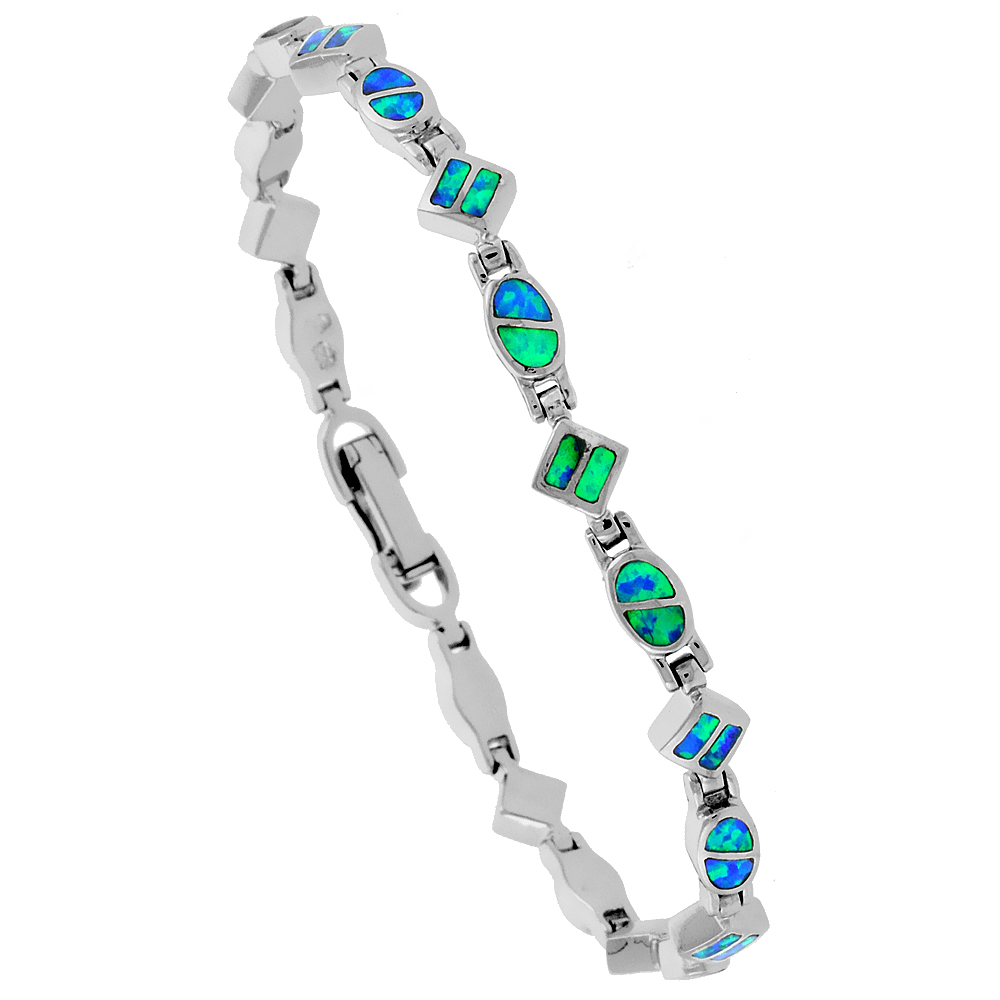 STERLING SILVER SYNTHETIC OPAL DAINTY BRACELET OVAL AND SQUARE LINKS HAND INLAY 7 1/4 INCH