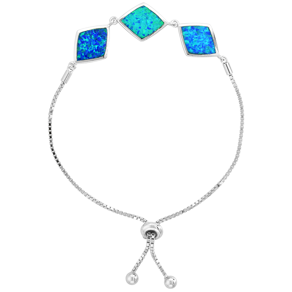Sterling Silver Synthetic Opal 3-Diamond Links Bolo Bracelet for Women Sliding Clasp fits 6-7 inch wrists