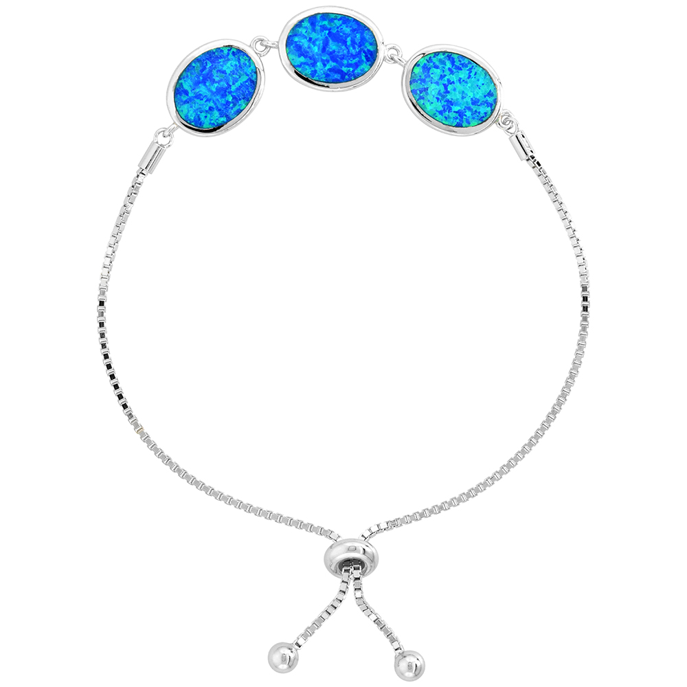Sterling Silver Synthetic Opal 3 Oval Links Bolo Bracelet for Women Sliding Clasp fits 6-7 inch wrists