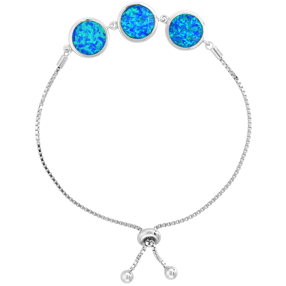 STERLING SILVER SYNTHETIC OPAL LINKED CIRCLES BOLO BRACELET FOR WOMEN SLIDING CLASP FITS 6-7 INCH WRISTS