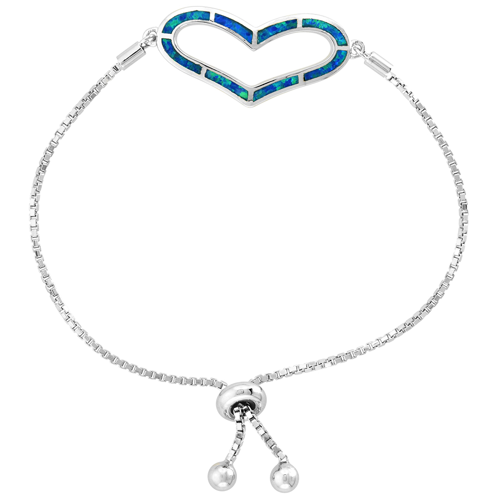 STERLING SILVER SYNTHETIC OPAL HEART BOLO BRACELET FOR WOMEN SLIDING CLASP 6-7 INCH