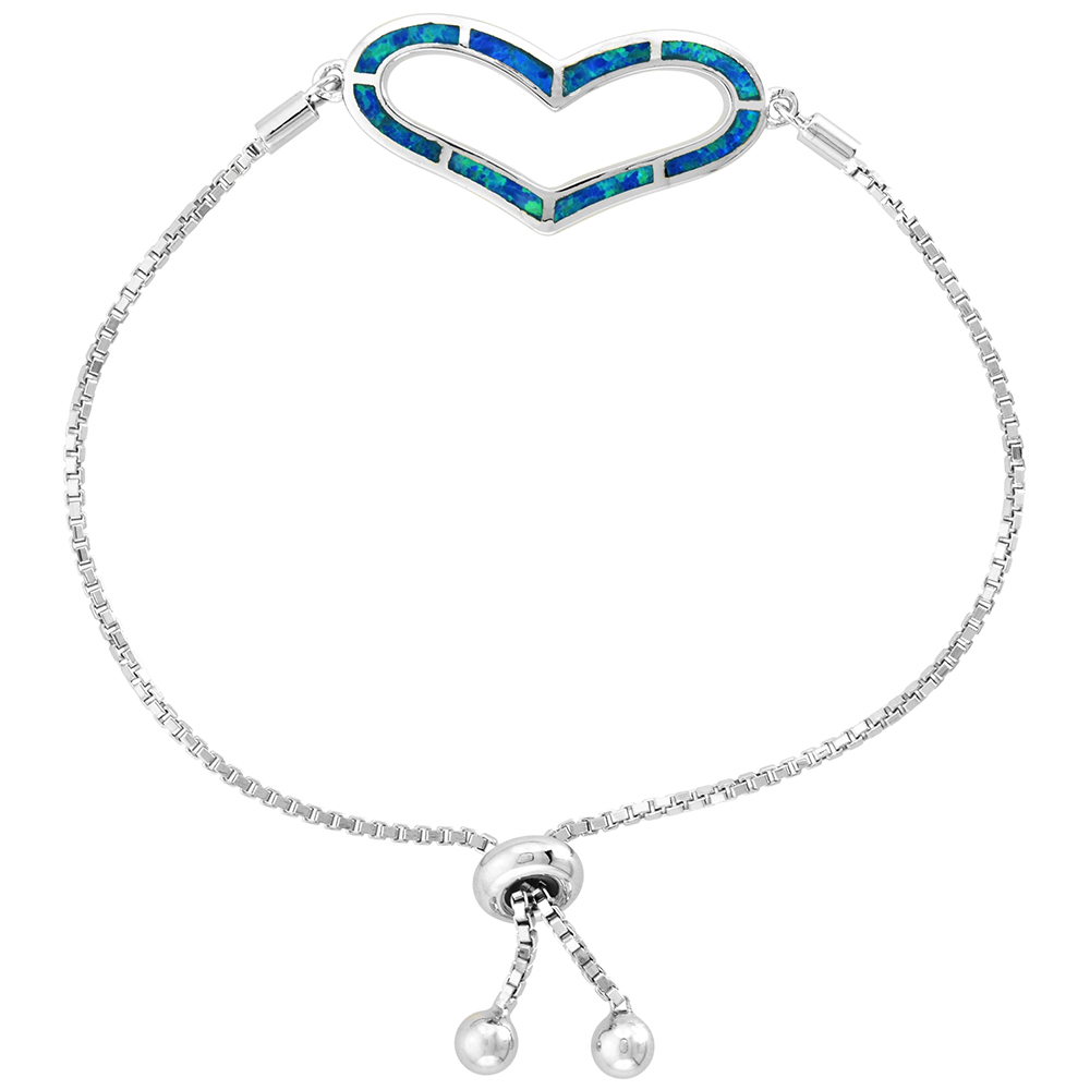 Sterling Silver Synthetic Opal Heart Bolo Bracelet for Women Sliding Clasp 6-7 inch