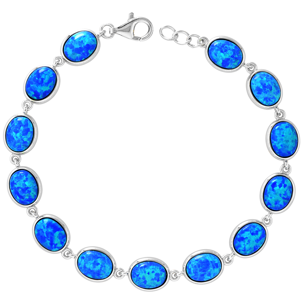 STERLING SILVER SYNTHETIC OPAL OVAL LINKS BRACELET FOR WOMEN LOBSTER LOCK 7-7.75 INCH