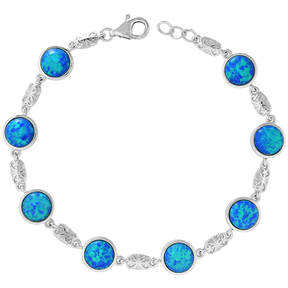 STERLING SILVER SYNTHETIC OPAL ROUND LINK BRACELET FOR WOMEN LOBSTER LOCK 7.5-8