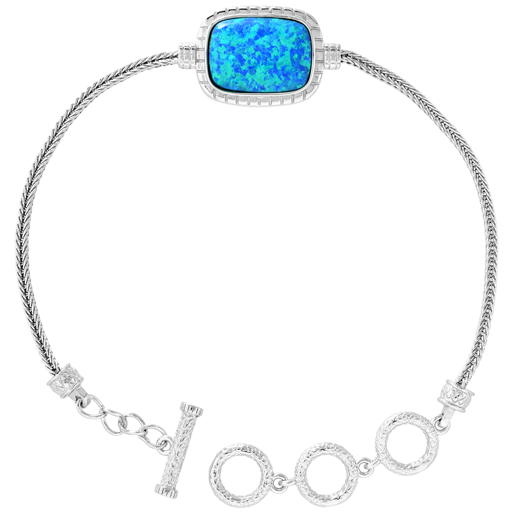 STERLING SILVER SYNTHETIC OPAL RECTANGE BRACELET FOR WOMEN TOGGLE CLASP 3 LOOPS 7, 7.5, 8 INCH
