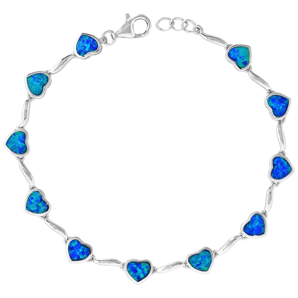 Sterling Silver Synthetic Opal Heart Link Bracelet for Women lobster lock 7.5-8