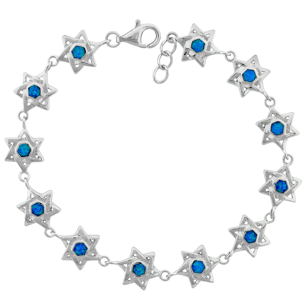 Sterling Silver Blue Synthetic Opal Jewish Star of David Bracelet for Women Rhodium Finish 3/8 wide 7.5 inches long