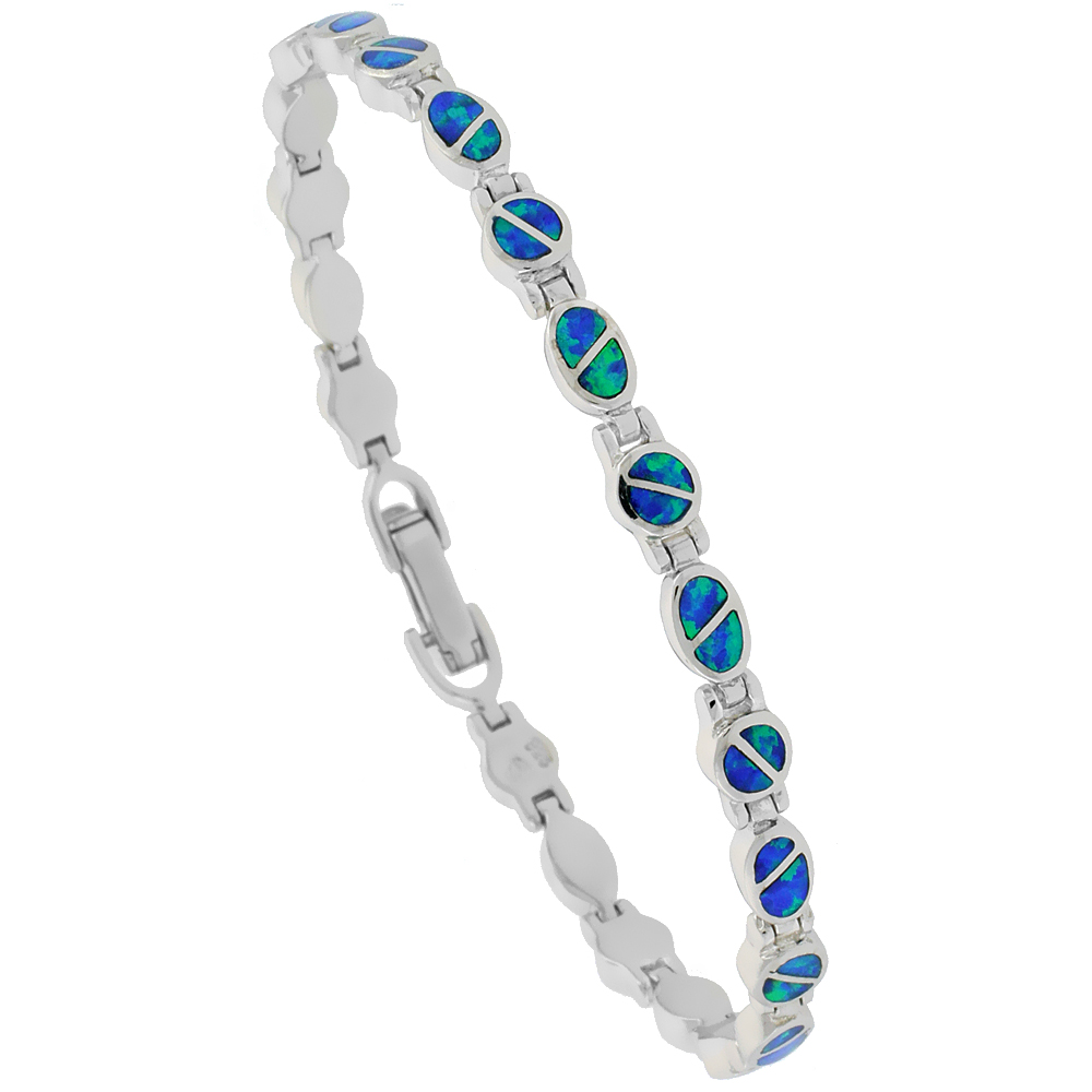 STERLING SILVER SYNTHETIC OPAL BRACELET OVAL & ROUND LINKS HAND INLAY 7 1/4 INCH