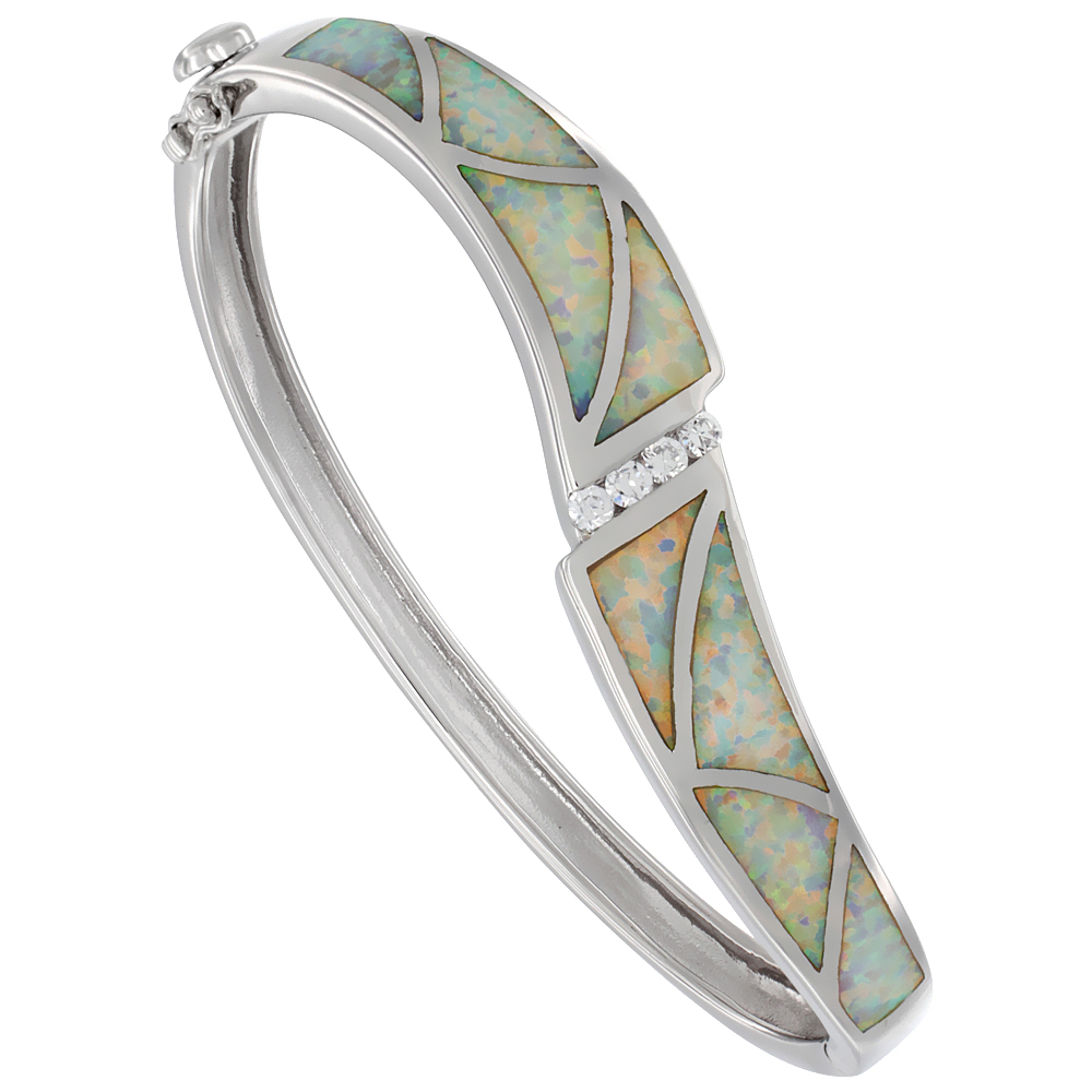 STERLING SILVER SYNTHETIC OPAL BANGLE BRACELET CUBIC ZIRCONIA ACCENT HAND INLAY 7/16 INCH