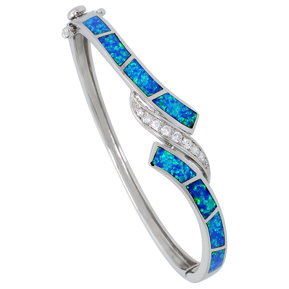 STERLING SILVER SYNTHETIC OPAL BANGLE BRACELET HIGH QUALITY CUBIC ZIRCONIA STONES 9/16 INCH WIDE