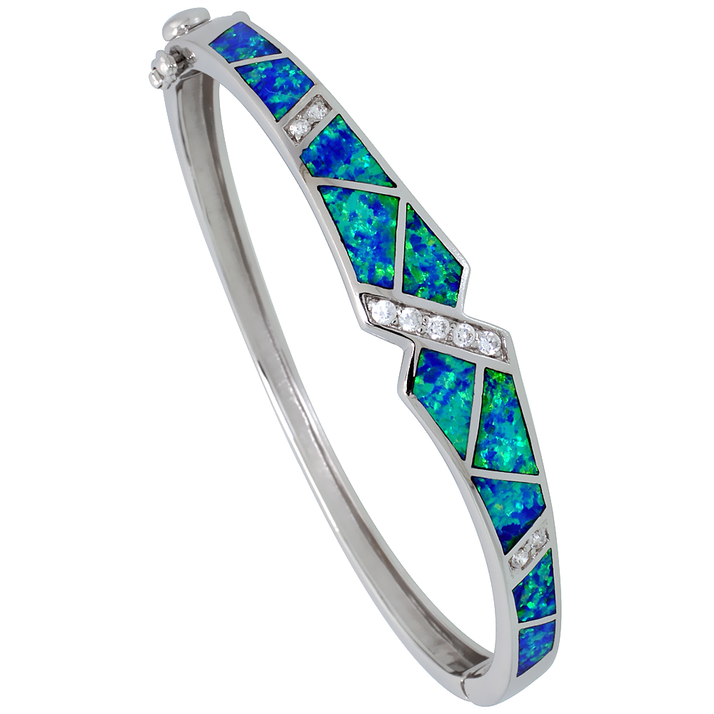 STERLING SILVER SYNTHETIC OPAL BANGLE BRACELET HIGH QUALITY CUBIC ZIRCONIA STONES 3/8 INCH WIDE