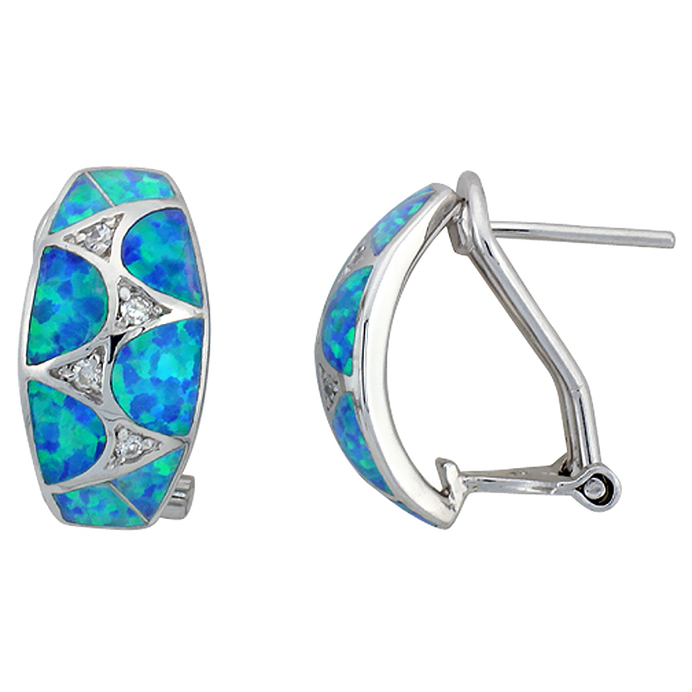 STERLING SILVER SYNTHETIC BLUE OPAL EARRINGS OMEGA BACK CUBIC ZIRCONIA ACCENT, 11/16 INCH