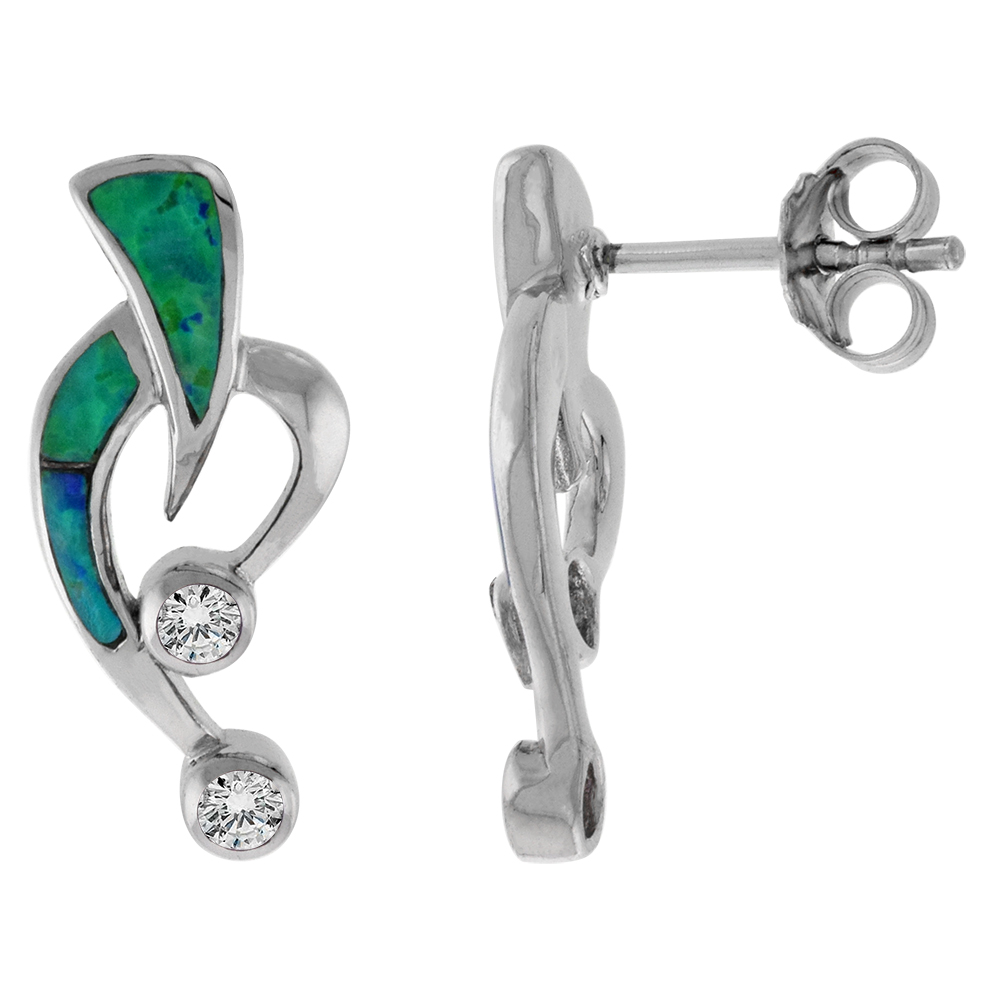 STERLING SILVER SYNTHETIC OPAL HEART EARRINGS WITH 2 ROUND CZ STONES, 7/8 INCH LONG