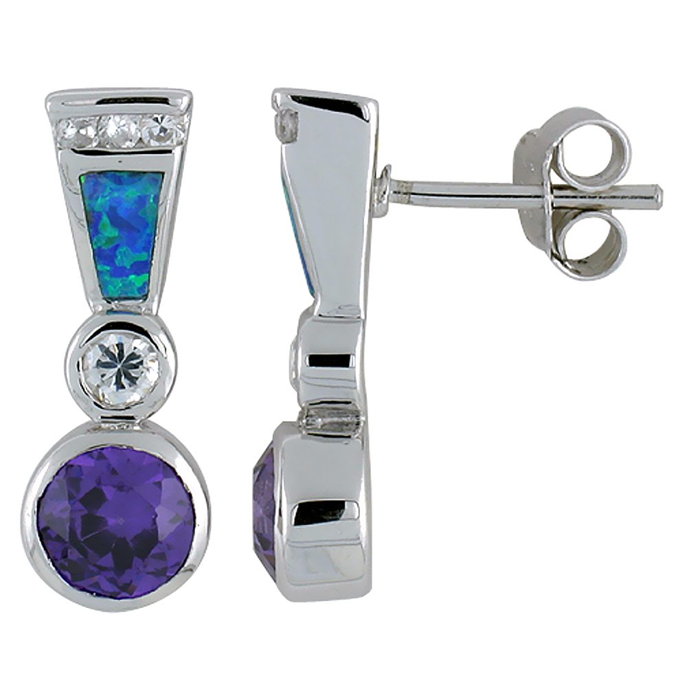 STERLING SILVER SYNTHETIC BLUE OPAL EARRINGS WITH ROUND SHAPE AMETHYST CZ CENTER 13/16 INCH