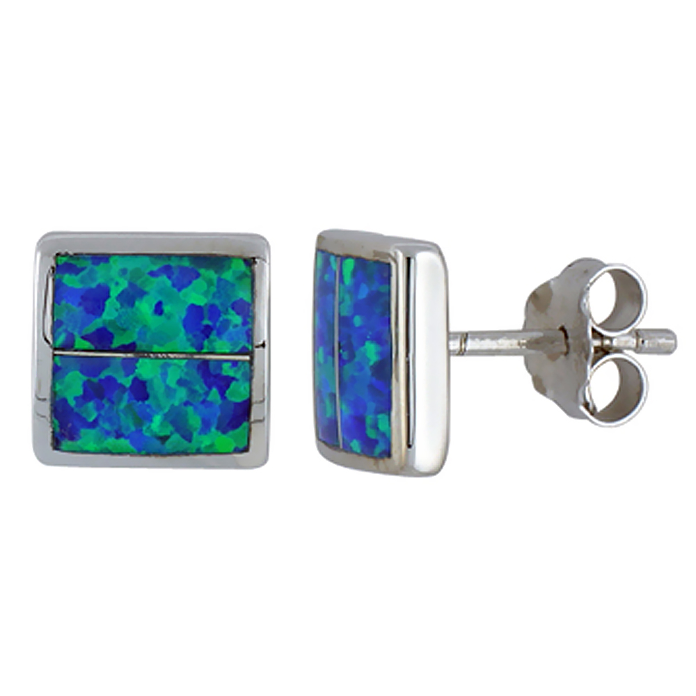 STERLING SILVER SYNTHETIC BLUE OPAL SQUARE STUD EARRINGS 3/8 INCH