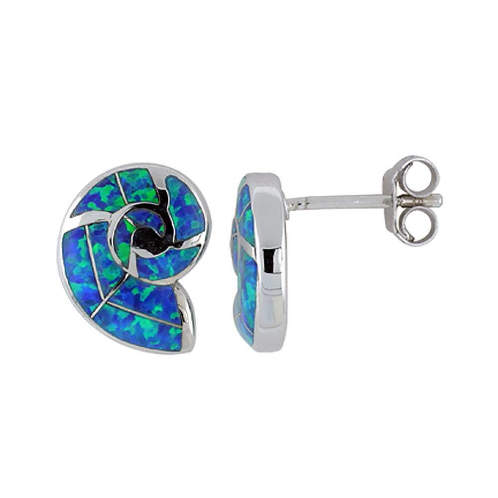 STERLING SILVER SYNTHETIC BLUE OPAL SEA SHELL STUD EARRINGS, 9/16 INCH