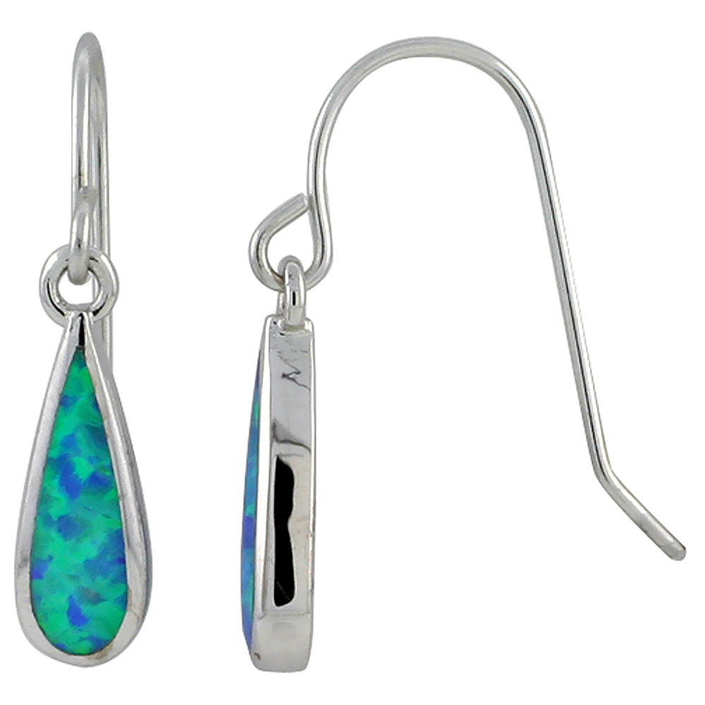STERLING SILVER SYNTHETIC BLUE OPAL TEAR DROP DANGLE EARRINGS, 11/16 INCH