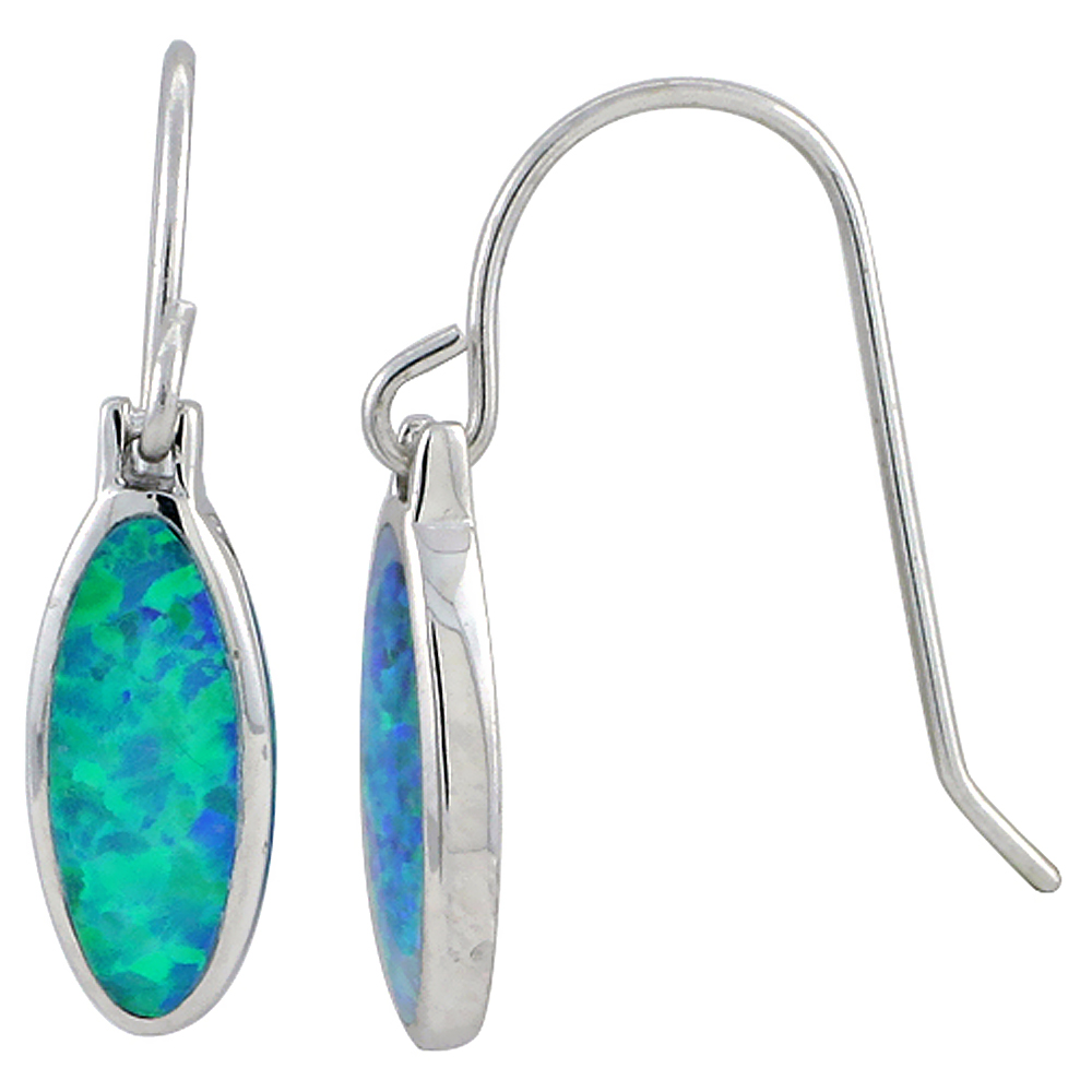 STERLING SILVER SYNTHETIC BLUE OPAL DANGLE EARRINGS OVAL SHAPE, 5/8 INCH