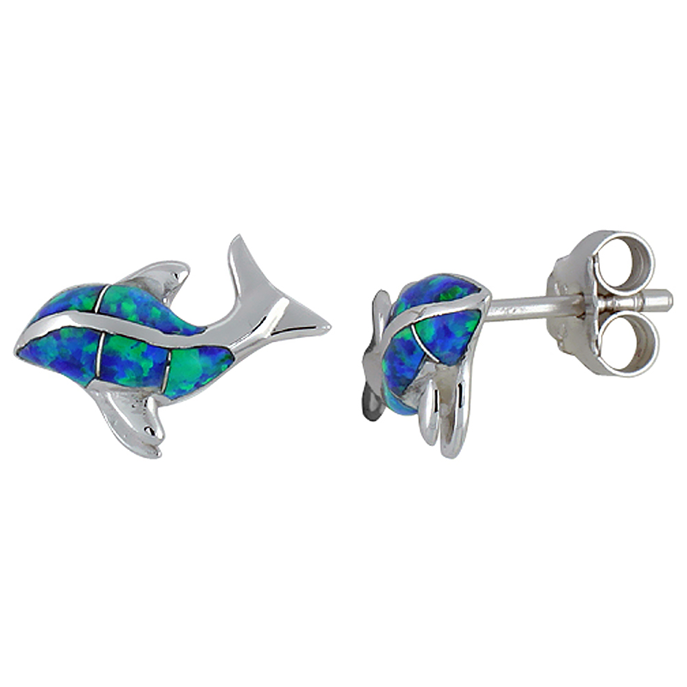STERLING SILVER SYNTHETIC BLUE OPAL KILLER WHALE STUD EARRINGS, 9/16 INCH.