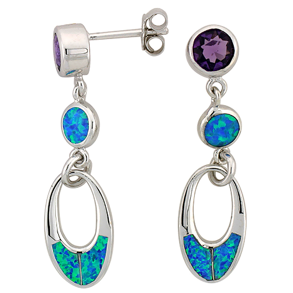 STERLING SILVER SYNTHETIC BLUE OPAL OVAL DANGLE EARRINGS WITH ROUND AMETHYST CZ CENTER 1 1/12 INCH