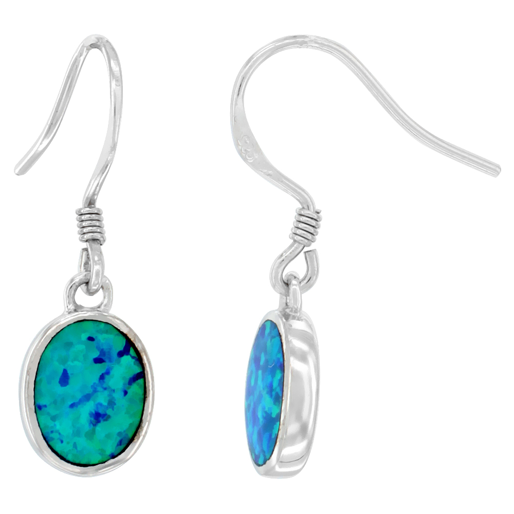 STERLING SILVER SYNTHETIC OPAL DANGLE EARRINGS OVAL DROP, 1 INCH LONG