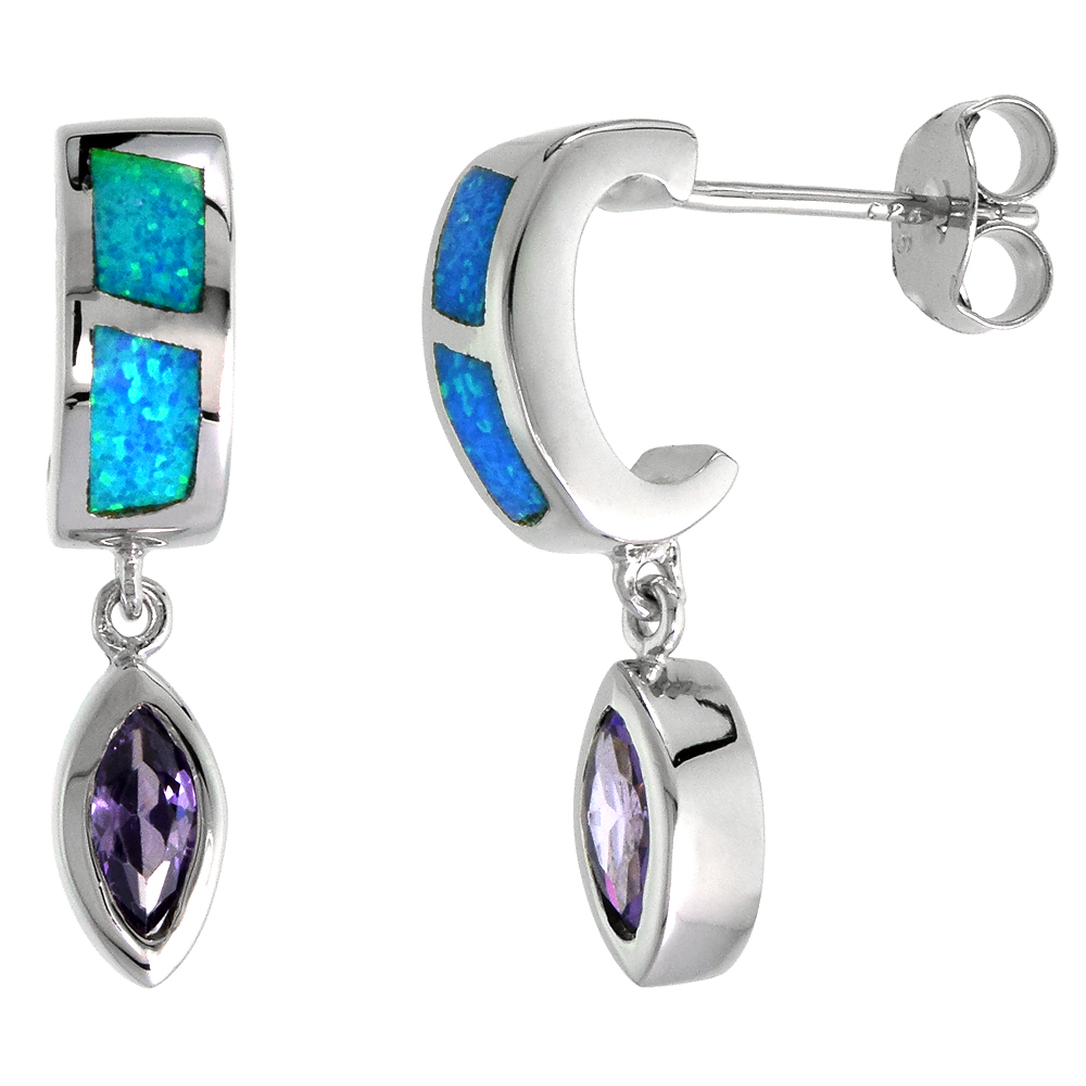 STERLING SILVER SYNTHETIC BLUE OPAL STUD EARRINGS WITH MARQUIS SHAPE AMETHYST CZ CENTER 7/8 INCH