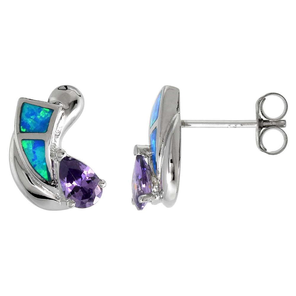 STERLING SILVER SYNTHETIC BLUE OPAL STUD EARRINGS WITH TEARDROP AMETHYST CZ CENTER 9/16 INCH
