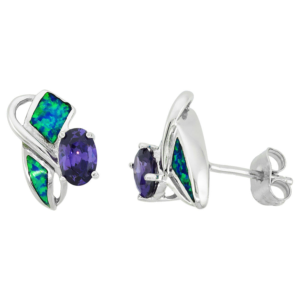 STERLING SILVER SYNTHETIC BLUE OPAL STUD EARRINGS WITH OVAL SHAPE AMETHYST CZ CENTER 1/2 INCH