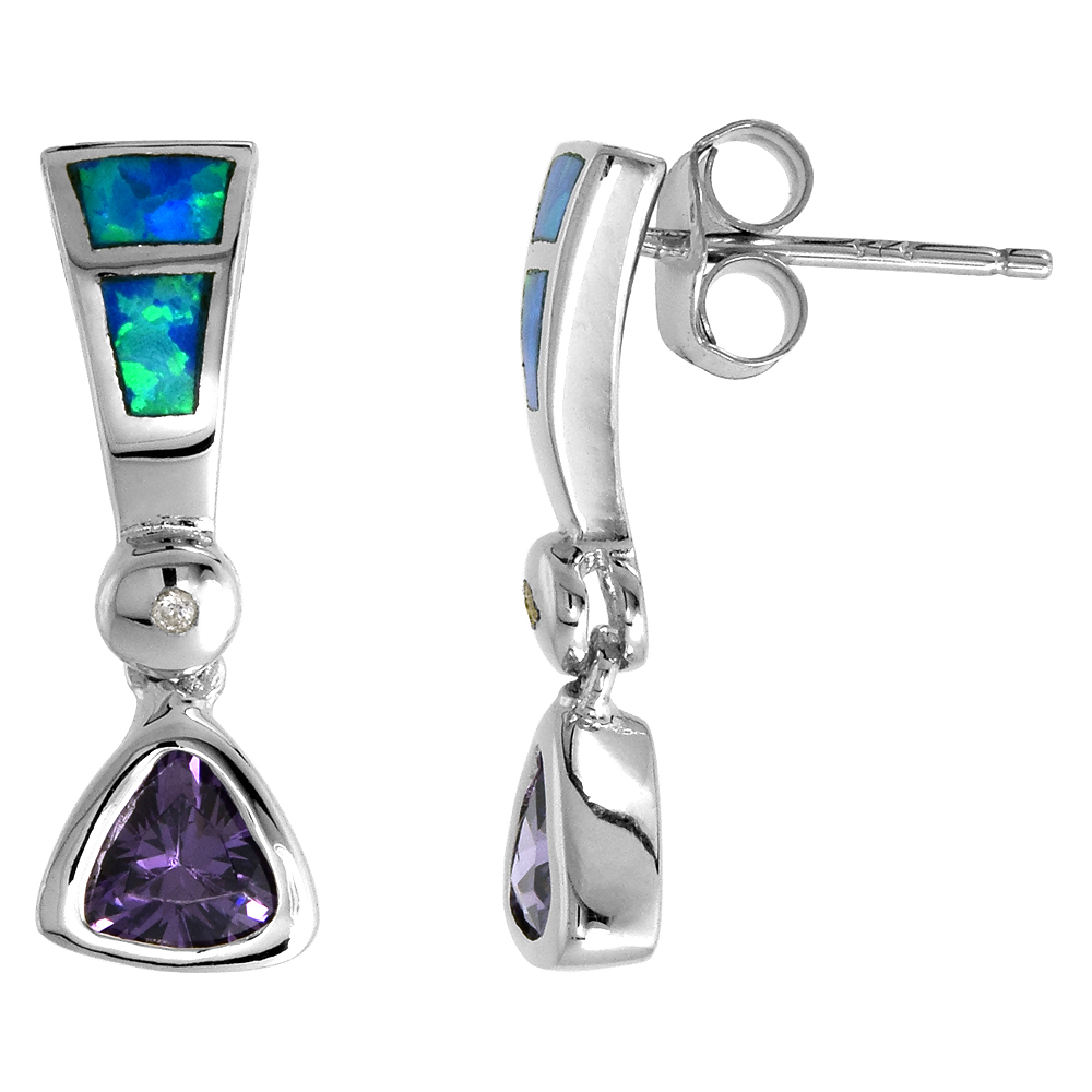 STERLING SILVER SYNTHETIC BLUE OPAL STUD EARRINGS WITH TRILLIUM SHAPE AMETHYST CZ CENTER 3/8 INCH