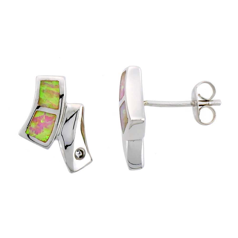 STERLING SILVER POST EARRINGS PINK SYNTHETIC OPAL INLAY WITH SMALL CZ, 9/16 INCH