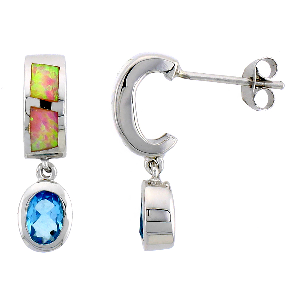 STERLING SILVER POST EARRINGS PINK SYNTHETIC OPAL INLAY WITH OVAL SHAPE BLUE TOPAZ CZ, 7/8 INCH