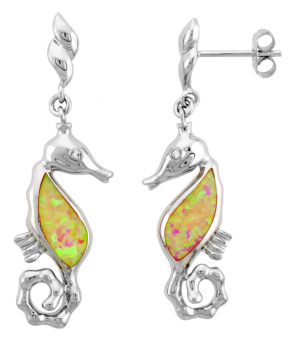 STERLING SILVER SYNTHETIC PINK OPAL INLAY SEAHORSE DANGLE EARRINGS WITH SMALL CZ, 1 5/8 INCH