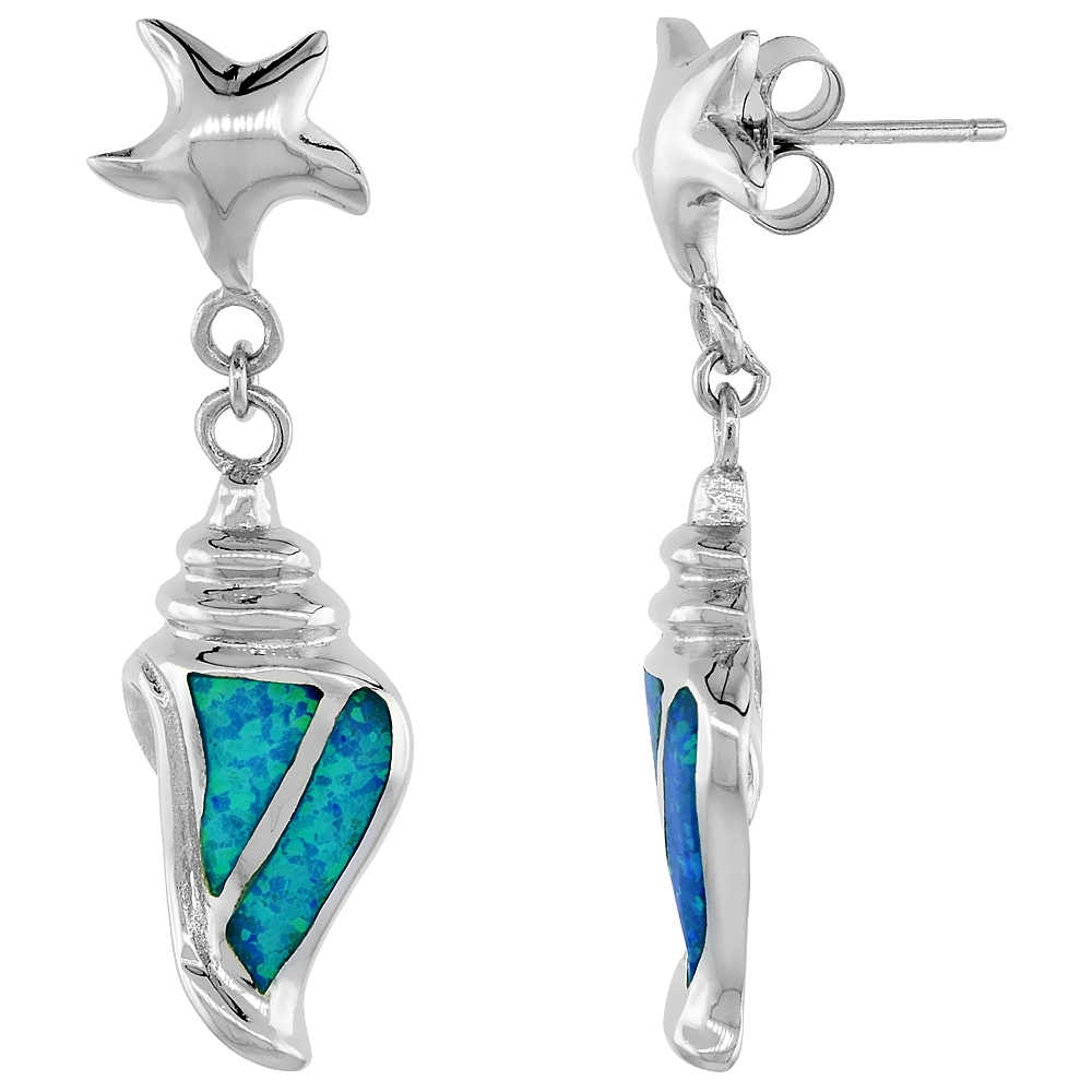 STERLING SILVER SYNTHETIC BLUE OPAL CONCH DANGLE EARRINGS, 1 3/8 INCH