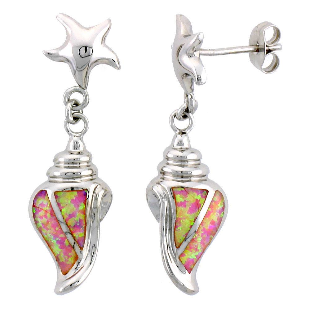 STERLING SILVER SYNTHETIC PINK OPAL INLAY CONCH DANGLE EARRINGS, 1 3/8 INCH