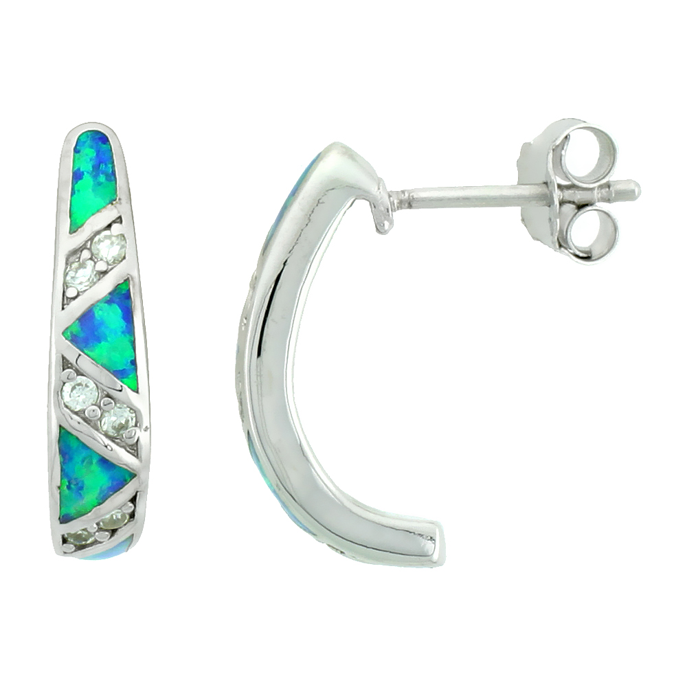 SMALL STERLING SILVER SYNTHETIC OPAL HALF HOOP POST EARRINGS 3/4 INCH