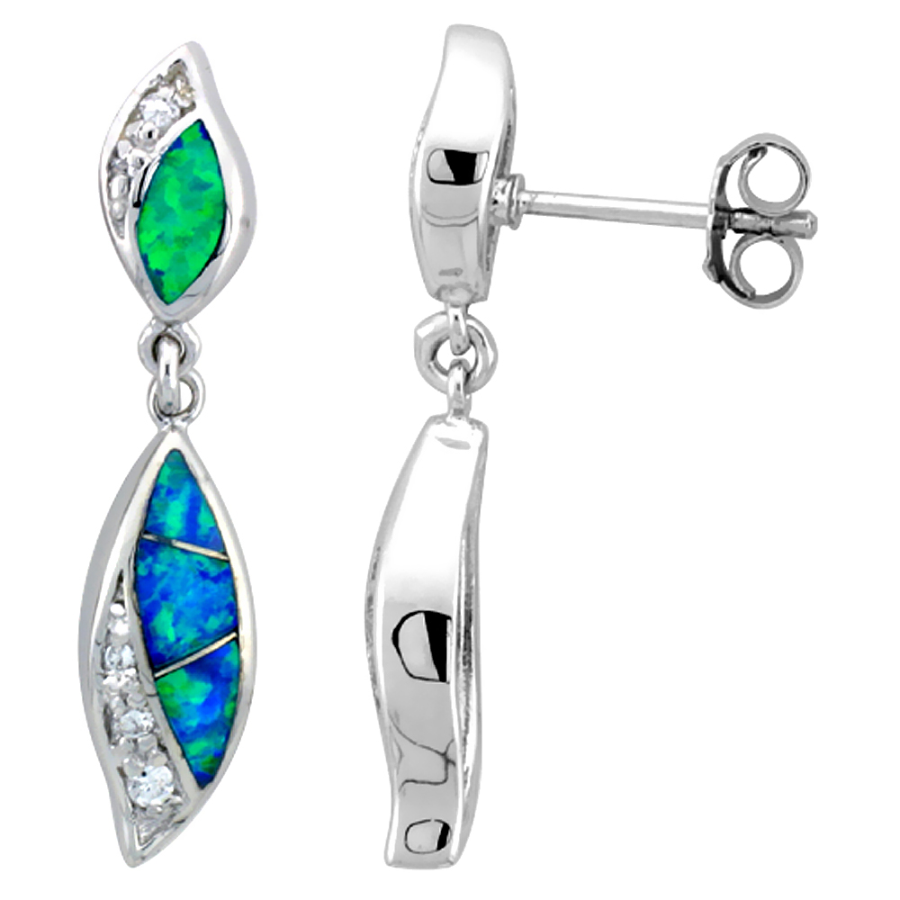 STERLING SILVER SYNTHETIC OPAL DANGLE DROP POST EARRINGS CUBIC ZIRCONIA ACCENT, 1 5/16 INCH LONG